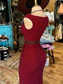 Sexy Solid Color High Slit Dress For Summer - Burgundy - View 3