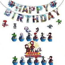 Superhero Theme Party Decoration Set, Cake Toppers And Cartoon Hanging Decorations, Superhero Birthday Scene Decor Supplies - Multicolor - View 1