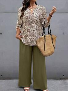 Set de 2 piezas Traje de mujer talla con cuello entallado, mangas con botones y estampado floral de color contrastante - Multicolor 31 - Ver 3