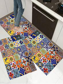 1/2件組波希米亞風廚房地墊套組，藝術感廚房地毯墊，防滑可水洗，波希米亞田園風長條地墊，橡膠底背，廚房裝飾配件 - 彩色 - 查看 3
