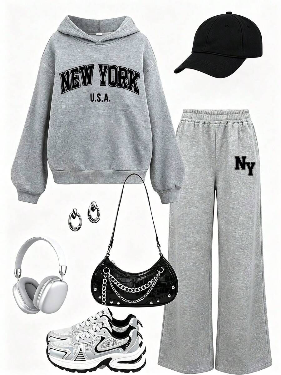 Set 2 pezzi con felpa con cappuccio e stampa di lettere stile campus + pantaloni lunghi casual, outfit autunno inverno, adatto per il ritorno a scuola per ragazze adolescenti - Grigio - Visualizzare 1