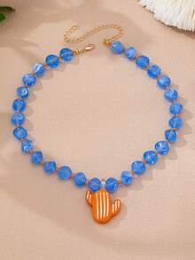 1pc Blue Resin Bead Layered Necklace Set - Light Blue Marble Textured Bead Choker Necklace With Cactus Pendant, Bohemian Summer Fashion Accessory - Multicolor - View 3