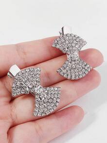 2pcs Sparkling Rhinestone Bowknot Hair Clips, Elegant Side Bangs Duckbill Clips, Princess Style Party Hair Accessories For Women - Silver - View 6