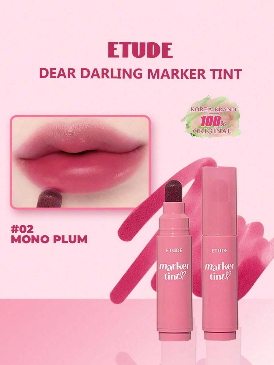 ETUDE Dear Dear 唇彩筆 02 Mono Plum 3.5g，高顯色、易上妝、保濕緞面霧面妝效、精準筆尖、防暈染、純素、K-Beauty 韓系彩妝、Olive Young、禮品