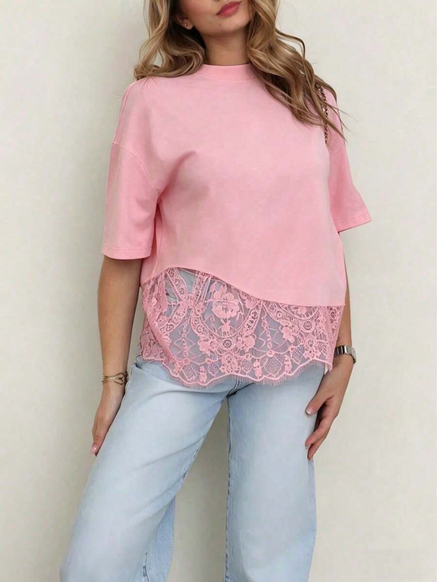 Camiseta de manga corta con parche de encaje de unicolor de punto, informal, deportiva, para oficina para primavera/verano, color negro - Rosa - Ver 1