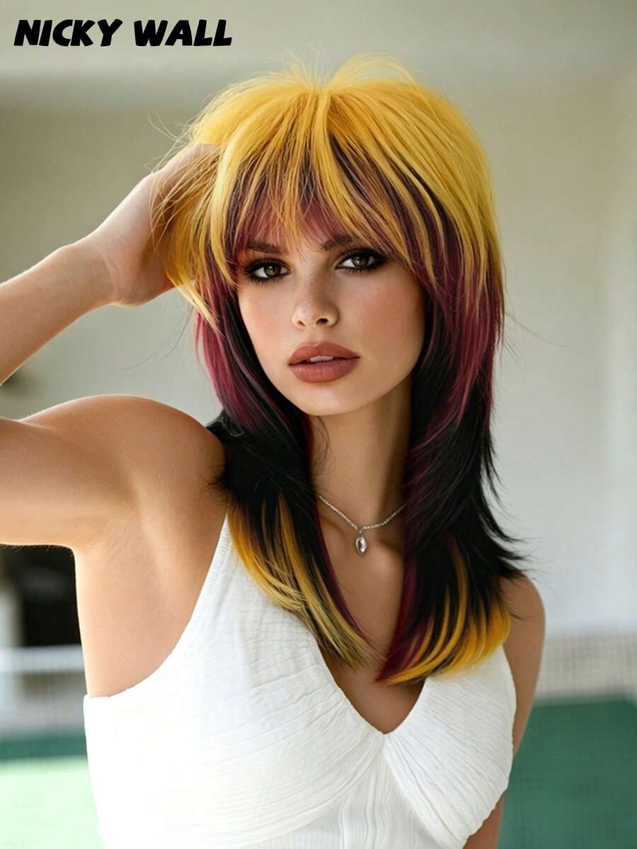 Colorful Orange&Red&Black Football Sports Wigs,Medium-Length Straight Layered Gradient With Bangs Natural Fashionable Synthetic Heat Resistant Fiber Wig For Soccer And Football Party Use 18 Inch - Ombre - View 1