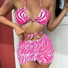 2026 New Striped Print Drawstring Tie Three-Piece Swimsuit Bikini - Black - View 5