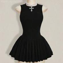 Soqi Women's Clothing  Vestido mini de verano para mujer de unicolor con cuello redondo y bajo plisado - Blanco - Ver 5