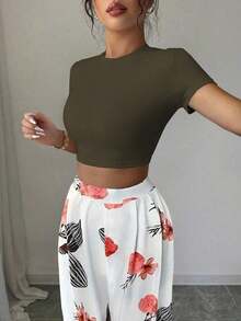 Conjunto de Top corto con estampado floral y pantalones largos con estampado de plantas para mujeres, para primavera/verano - Blanco - Ver 10