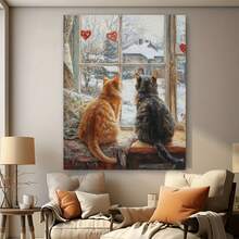 Enmarcado Póster plano 2D de gatos invernales  (1 unidad) |  de paisaje nevado, regalo de San Valentín, pieza de arte mural moderno, ideal para la decoración del hogar y dormitorios, decoración para bodas. - Enmarcado - Ver 5