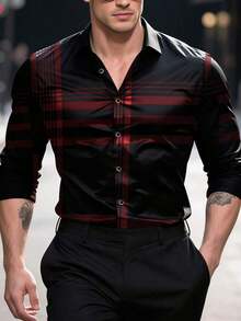 Camisa de manga larga con botones, a rayas y a cuadros, de estilo casual y de negocios para hombres.Camisa formal para hombres.Camisa a cuadros para hombres.Adecuada para uso diario, ir al trabajo, salir, fiestas.Se puede combinar con pantalones de traje o traje.Estampado aleatorio. - Negro - Ver 4