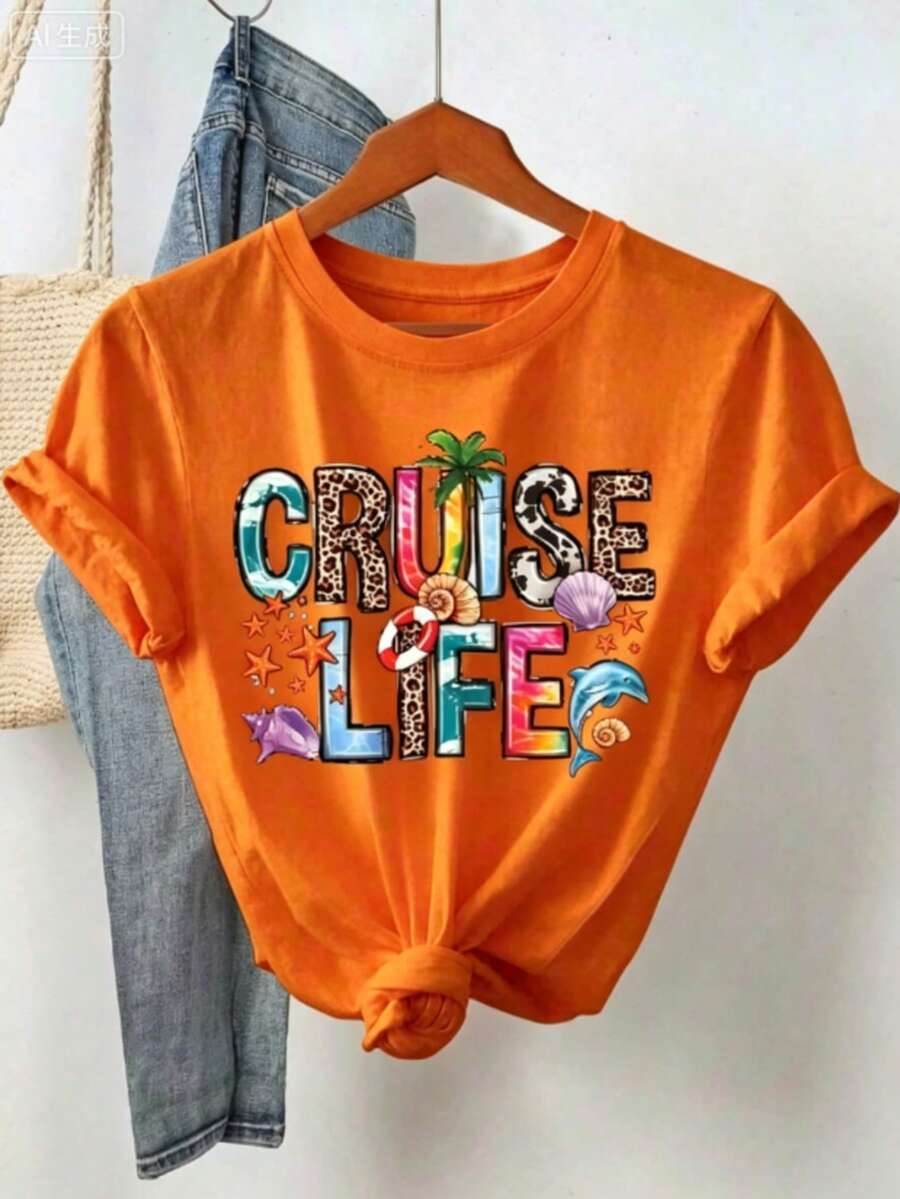 Women "Cruise Life" Summer Vibe Letter Print Short Sleeve Crew Neck T-Shirt-White And Navy Off-The-Shoulder Cropped Top Thanksgiving And Christmas - 橘色 - 查看 1