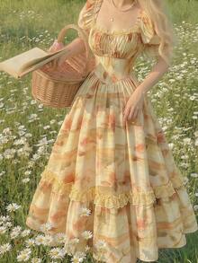 Vestido de elegante con estampado floral, cintura fruncida y mangas con volantes para mujer - Rosa - Ver 8