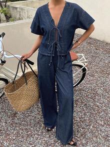 Conjunto de top con manga corta y amarre al frente, y pantalones vaqueros de corte holgado para mujer - Azul lavado medio - Ver 5