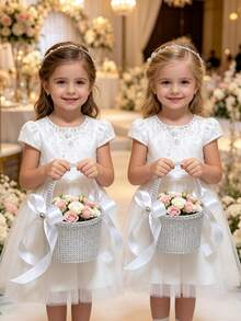 1pc Elegant Rhinestone Bow Flower Girl Basket, Small Handheld Flower Basket Suitable For Wedding Bridesmaid Children - White - View 1