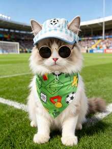 World Cup Soccer Pet Hat & Bandana Set For Cats & Small Dogs. Adjustable Cotton Sun Hat With Soccer Embroidery & Striped Brim + Soft Triangle Scarf With Star Player Print, Breathable, Comfortable Chin Strap, Ideal For Sports Events, Photo Shoots & Outdoor Activities, Fits Kittens, Puppies & Small Pets - Multicolor - View 3