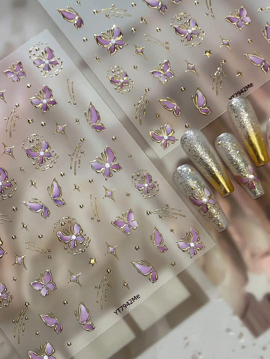 1張夢幻氛圍感美甲貼紙，金色燙印紫色蝴蝶與星空圖案，溫柔自黏式美甲貼紙 - 彩色 - 查看 1