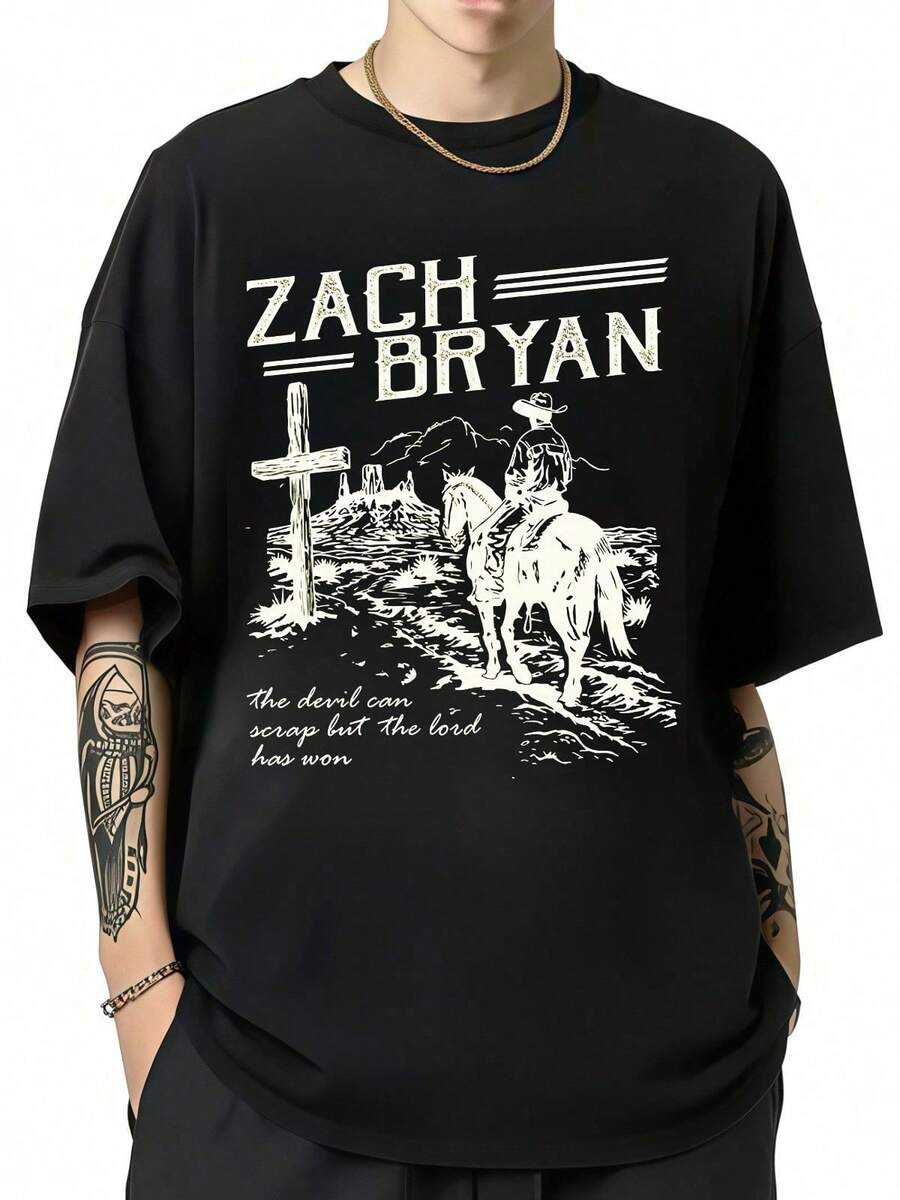 Oversized Black ZachBryans Country, Western And Cowboy Graphic Tee For Fans. - Black - View 1