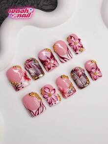 10pcs Square Shaped Handmade Nail Tips, Y2K Baddie Style, Nude, Red, Gold Nail Plates With French Edge, Carving, Steel Beads, Bubble Beads, Asymmetrical Liquid Metal, Cat Eye Element Design, Pure Handmade Nail Tips Suitable For Women And Girls, Glitter Nail Plates, 3 Size Options, Suitable For Party, Ball, Daily Wear, Includes Tool Kit, Can Be Gift For Women And Girls Handmade Press On Nails - Multicolor - View 1