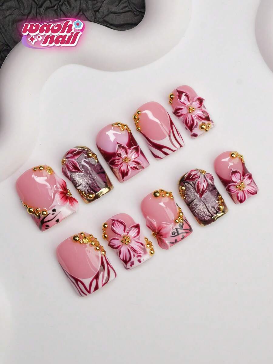 10pcs Square Shaped Handmade Nail Tips, Y2K Baddie Style, Nude, Red, Gold Nail Plates With French Edge, Carving, Steel Beads, Bubble Beads, Asymmetrical Liquid Metal, Cat Eye Element Design, Pure Handmade Nail Tips Suitable For Women And Girls, Glitter Nail Plates, 3 Size Options, Suitable For Party, Ball, Daily Wear, Includes Tool Kit, Can Be Gift For Women And Girls Handmade Press On Nails - Multicolor - View 1