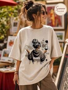 Women's Spring And Summer Printed White T-Shirt With Slogan From The Korean Drama "My Treatment", Stylish And Decent Theme Park Travel Clothes, Ideal For Travel And Tourism, Fashionable Short-Sleeved Round Neck Top. - 杏色 - 查看 2