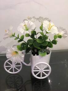 1pc Plastic Mini Bicycle Flower Basket Artificial Potted Plant Desktop Decor Ornament, Simulated Greenery For Room Decoration - White - View 1