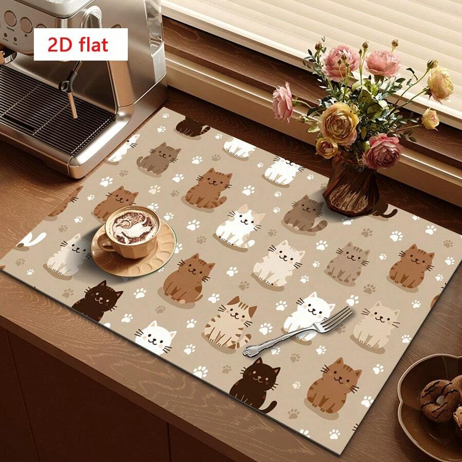 1pc Cat Paw Print Absorbent Drying Mat, Cute Multi-Color Design, Highly Absorbent & Quick Dry, Suitable For Drying Tableware, Coffee Machines, Decorative Placement Mat For Dining Table, Coffee Bar, Household Gift