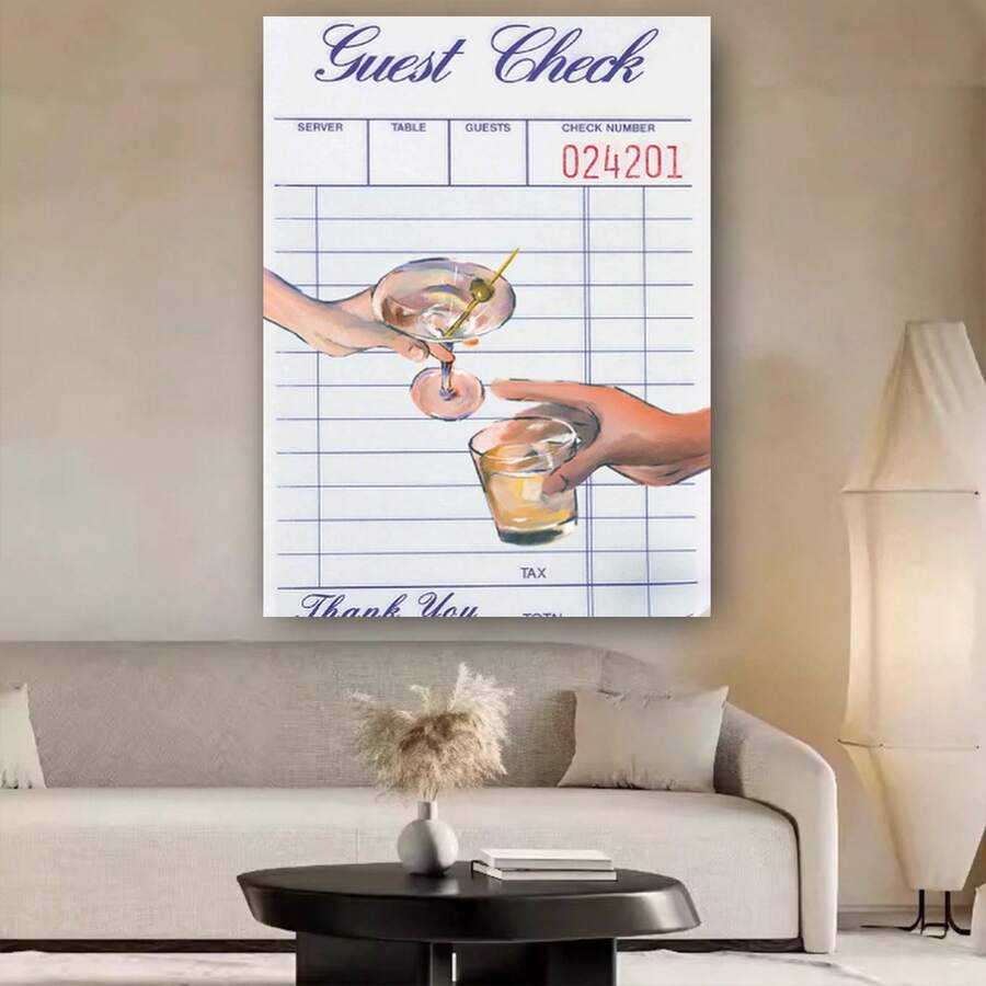 Enmarcado Póster vertical 2D plano de vasos de cóctel vintage y recibo de comida, 1 unidad. de estilo art déco moderno para pared, ideal para el hogar, dormitorio o la oficina. Dibujo minimalista de vasos de bebidas con tinta para regalar y decorar. - Enmarcado - Ver 1