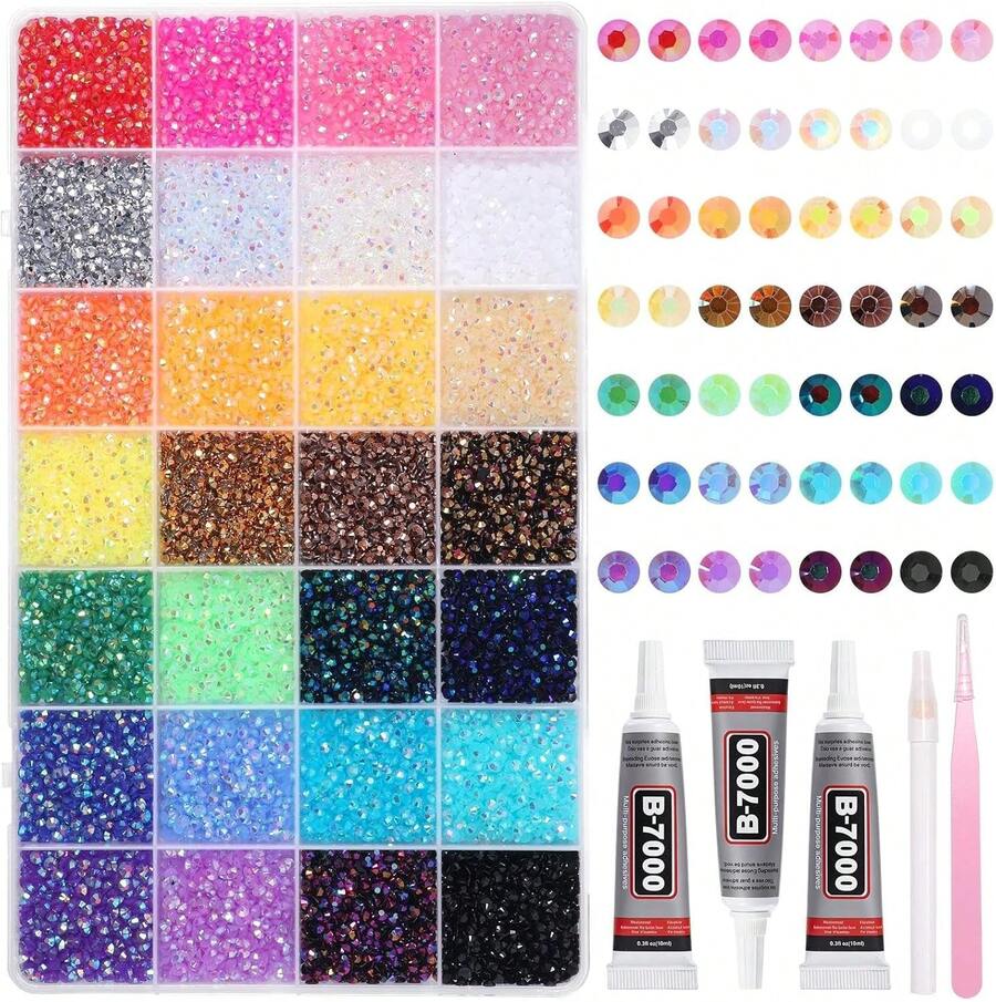 32000Pcs Rhinestones Bedazzling Kit With Tools, 3mm Color Resin Rhinestones For Bedazzling, Flatback Resin Gems For Crafts, Bedazzler Kit For Clothing Shoes DIY Face Makeup Tumblers - ColorB - 查看 1