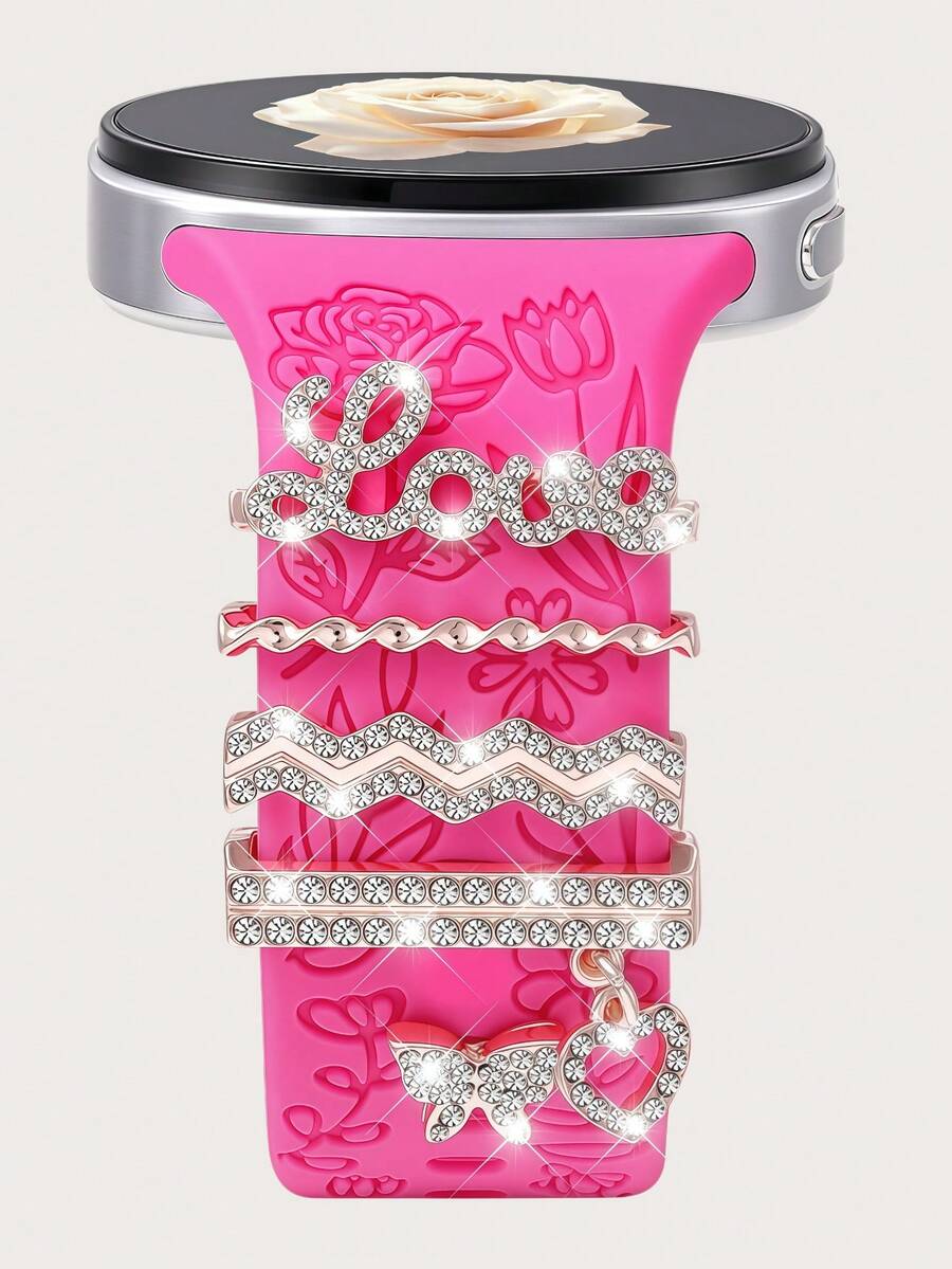 5件組金屬裝飾環蝴蝶吊墜水鑽珠寶智能手錶配件，適用於 錶帶 38mm 40mm 41mm 42mm 44mm 45mm 46mm 49mm，適合 Ultra/11/10/9/8/7/6/5/4/3/2/1，兼容 Honor