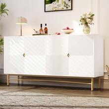 Sideboard With Raised Texture, 160cm, Cabinet With Four Doors, Gold Brushed Handles And High-Gloss Table Legs - 白色 - 查看 2