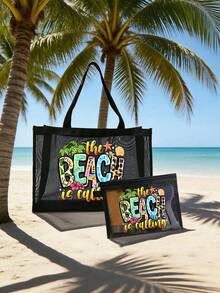 1 pieza/2 piezas Bolsa de malla de gran capacidad con decoración de letras Bolsa de malla de poliéster multifuncional de gran capacidad y set de bolsa de maquillaje - Almacenamiento y compra - Multicolor 2 - Ver 6
