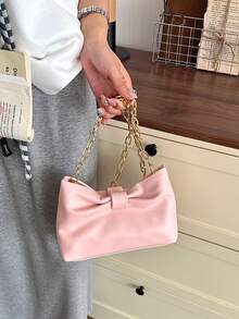 1pc Elegant Refined Solid Color Bow Ruffle Decor Shoulder Bag, Minimalist Versatile Metal Chain Crossbody Bag, PU Material High-End Sweet Cute Square Bag Suitable For Daily Commute, Women - Pink - View 5