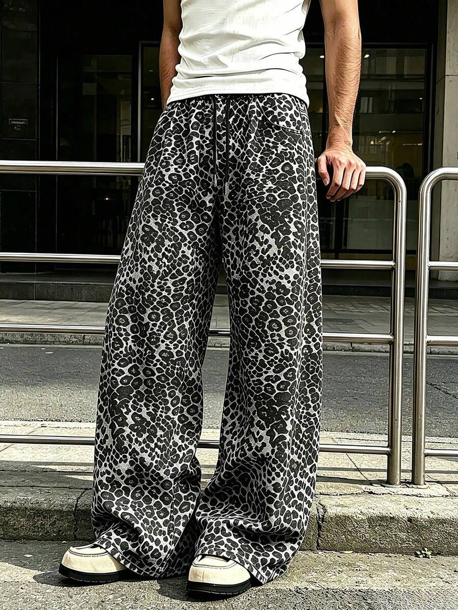 Men's Outdoor Long Pants Spring/Autumn Casual Loose Sweatpants Straight Leg Leopard Print Fashion Sports Trousers - Black - View 1