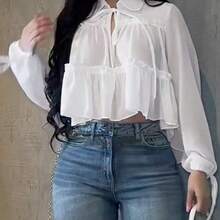 Camisa elegante y casual para mujer, diseño irregular, manga farol con lazo en el cuello, camisa holgada de tela tejida de unicolor con bajo plisado, elegante para uso diario, citas, vacaciones, primavera/verano - azul cielo - Ver 6