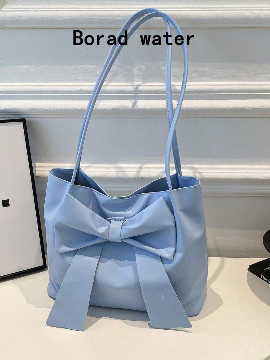 New Fashion Bucket Handbag, Bowknot Decor, Tote Shoulder Bag, Commuter Bag, Solid Color Handbag For Spring/Summer