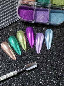 6 Colors Dopamine Metallic Nail Powder, Shiny Mirror Effect Pigment Powder, Multi-Color Matte Glitter Powder, Suitable For Gel/Acrylic Nails, Long-Lasting DIY Nail Art Decoration - Multicolor - View 4