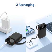 10000mAh Portable Power Bank With Built-In Cables, 22.5W Fast Charging Mini External Battery Pack With LED Display & Lanyard For Phones Tablets,Camping Travel Essentials - Black - View 3