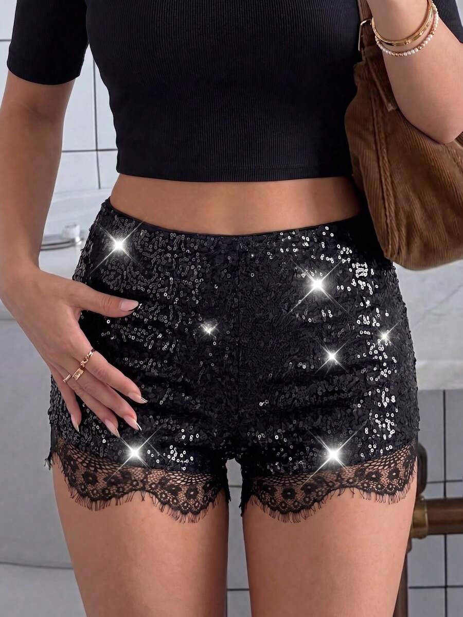 Quần short đen đính sequin viền ren, quần short cạp cao lấp lánh, quần short gợi cảm dành cho nữ dự tiệc và đi club mùa hè. - màu đen - Xem 1