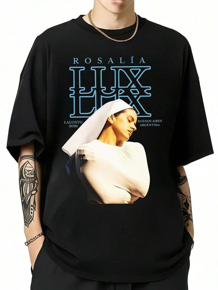 Rosalías LUX Unisex Cotton T-Shirt With Gothic Graphic And Portrait, Ideal For Music Lovers. - Black - View 1