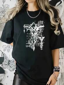 Diseño de arte en script de cruz gótica Estampado digital Manga corta Unisex Algodón puro Holgado y cómodo - Negro - Ver 8