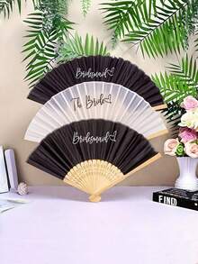 1pc Folding Bamboo Handheld Silk Fan With Elegant Letter Print, Suitable For Wedding Guests, Brides, Parties, Balls, Birthday Parties, Church, Summer Parties, Reception Gift Bag Fillers, Souvenirs, Photo Props, Table Decor, Party Favors, Adult Women, Bridesmaids, Ceremonies, Outdoor Gatherings, Dance Props, Performance Gifts - Multicolor - View 2