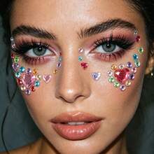 1 Pc Y2K Self-Adhesive Heart Face Gems Stickers, Colorful Rhinestone Jewels, Festival Rave Carnival Party Cosplay Makeup Decor - Multicolor - View 3