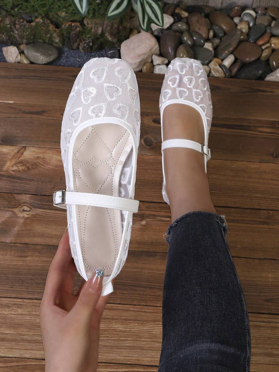 White Heart Embroidery Mesh Mary Jane Shoes, Square Toe Buckle Breathable Flat Ballet Style - White - View 1