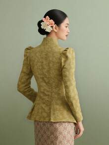 优雅现代女士可巴雅上衣，立领衬衫，不对称设计，优雅迷人，3D立体花卉图案，适合女士上衣衬衫，娘惹风格衬衫，传统马来西亚可巴雅上衣，绿色衬衫 - 綠色 - 查看 2