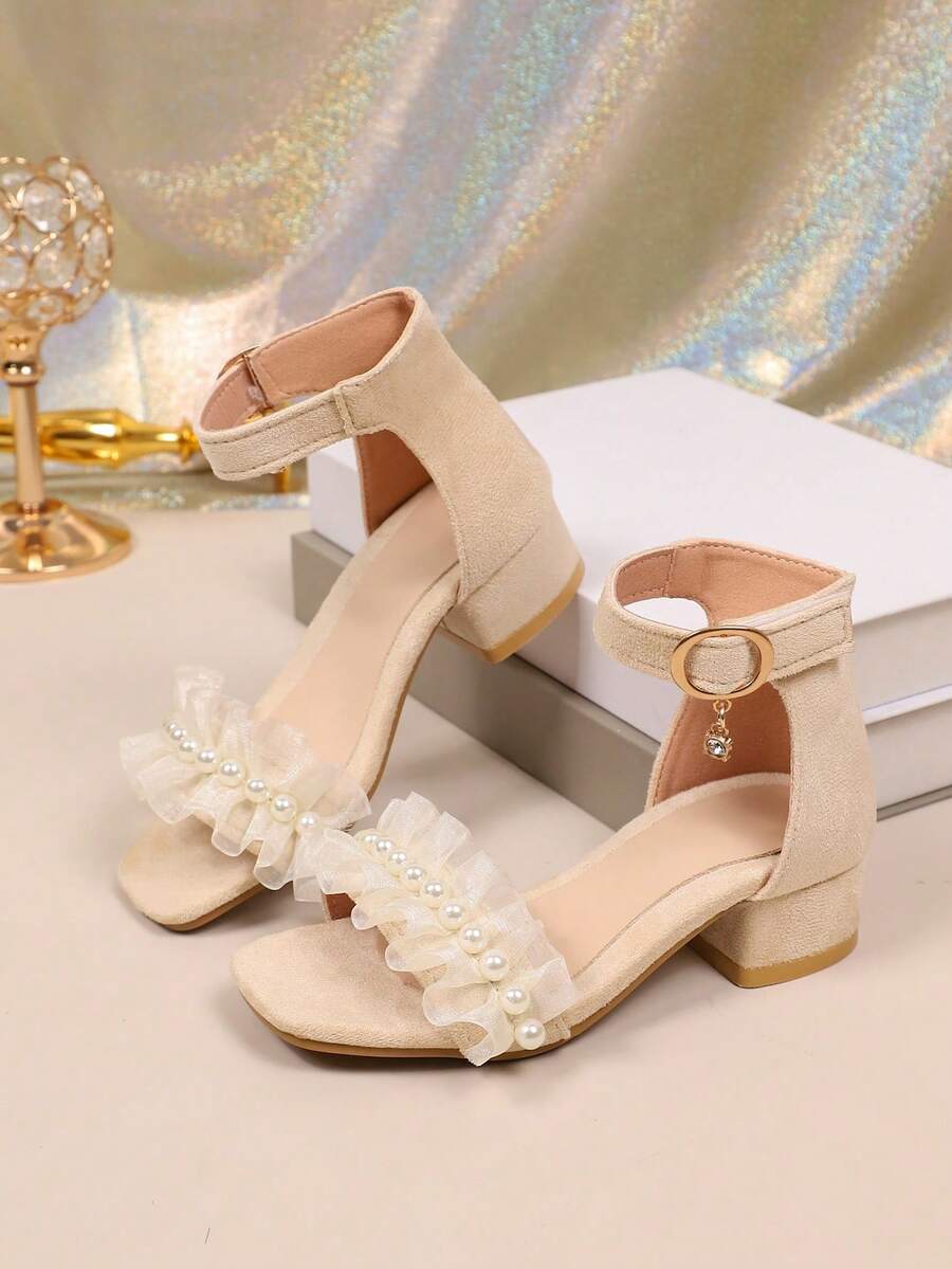 1 Pair Champagne Girls' Chunky Heel Sandals, Light Yellow Lace Mesh + Pearl Decor, Round Toe Peep Toe 2.5CM Horseshoe Heel Height-Increasing Flat Anti-Slip, Hook And Loop Design, Fashionable Vibrant Princess High Heel Sandals, Suitable For Daily Wear, Vacation, Holiday, Party, Campus, Spring/Summer New - Champagne - View 1