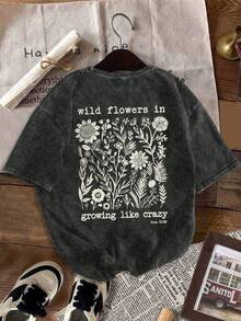 大尺碼女款復古風「Wild Flowers In Growing Like Crazy」水洗做舊T恤，休閒舒適圓領短袖上衣，清新春夏款，適合日常休閒、海灘與戶外活動，黑色 - 黑色 - 查看 3