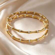 2pcs Elegant Exquisite 18K Gold Plated Stainless Steel White Zirconia Bamboo Knot Bangle Bracelet For Women, Suitable For Daily And Party Wear, Perfect Gift - Gold - View 4