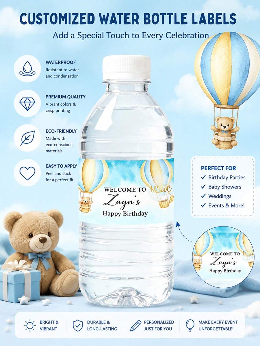 20 piezas/50 piezas Etiquetas personalizadas de botella de agua con diseño de oso de peluche y globo de aire caliente, empaque de cumpleaños personalizado "Bienvenido a T", regreso a la escuela - Multicolor - Ver 1