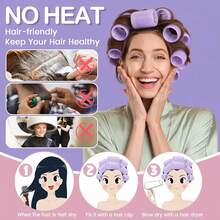 Set 30 buah alat pengeriting rambut tanpa panas berwarna ungu dengan perekat diri dan jepit rambut hitam yang serasi, ringan & dapat digunakan kembali, tidak merusak rambut, untuk membuat ikal alami yang lembut sendiri, alat penataan rambut sehari-hari di rumah. - MultiWarna - View 3